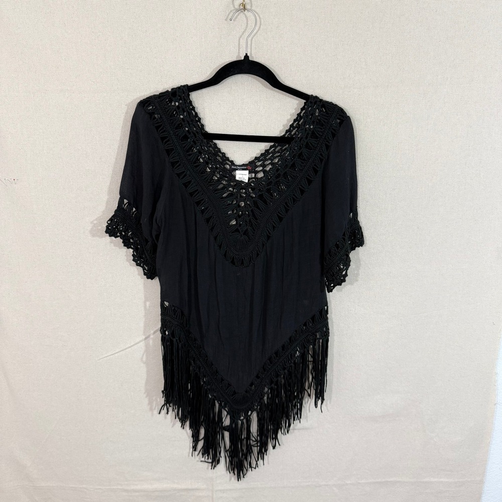 Vivid Importers Black Crochet Fringe Boho Top Womens Large Style 8747 Festival